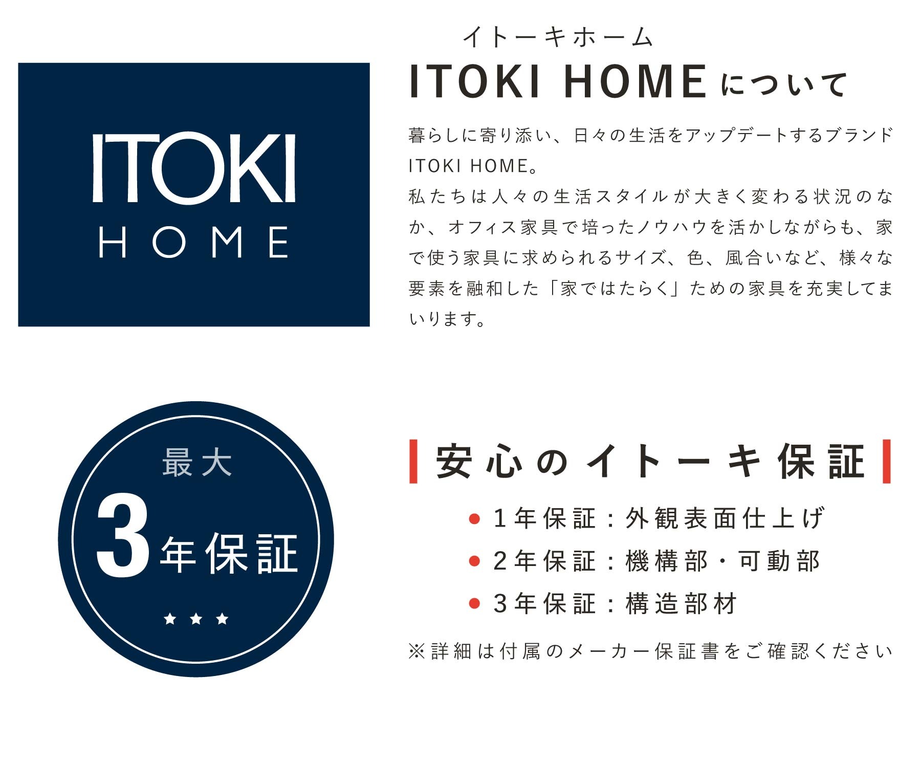 ITOKI HOMEとは / 最大3年保証 イトーキだからできる安心のメーカー保証付き。